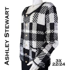 Ashley Stewart Cardigan Sweater 3X Black White Buffalo Check Fuzzy Knit Preppy